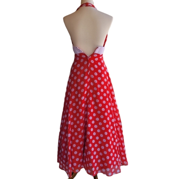 Vintage 1950's Handmade Red & White Polka Dot Halter Ankle Length Dress - Picture 5 of 6